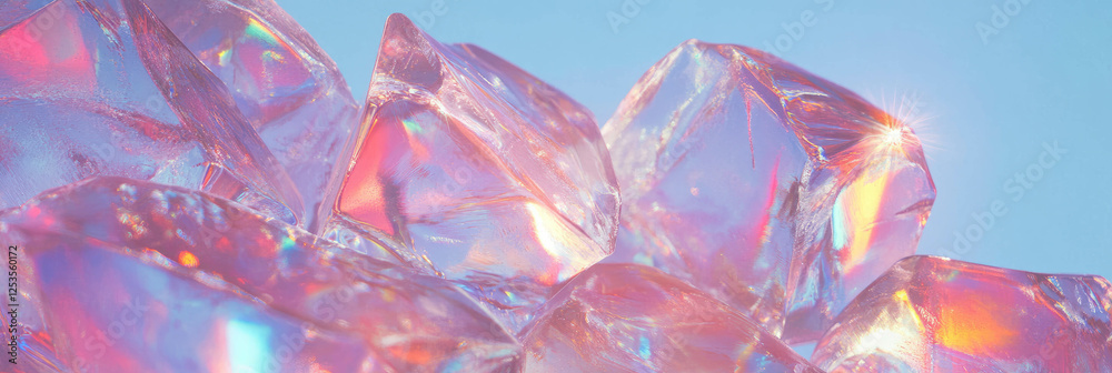 Poster intricate abstract ice crystals reflecting light with vibrant glare in bright background