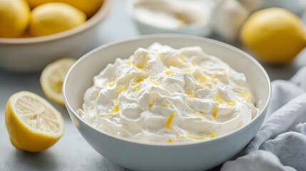 Bowl of Lemon Cream Dessert with Fresh Lemons, Culinary Food Still Life