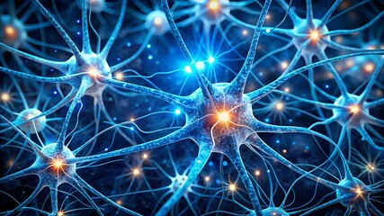 Obraz premium Close-up of a neural network with glowing blue synapses and intricate branching neurons, symbolizing artificial intelligence, deep learning, cognitive computing, and neuroscience research