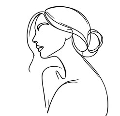 Minimalist Line Drawing of a Woman in Profile. Elegant, Graceful Silhouette, Stylish Female Figure with a Neat Bun, Smooth, Flowing Lines,Sophisticated Black-and-White, Artistic,Timeless Aesthetic