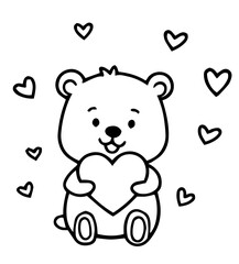 Cute Cartoon Teddy Bear Holding a Big Heart. Adorable Love, Valentine’s Day, Friendly, Sweet Character, Decorative Black-and-White Drawing for Kids, Fun, Simple Coloring Page, Affection, Friendship