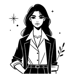 Confident Business Lady with Elegant Style. Minimalist Female Figure, Stylish, Professional Attire, Black-and-White Drawing, Modern Leadership Representation, Decorative Sketch with Leaves, Stars Expr
