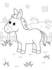 Concept for a children's coloring page featuring a donkey standing on grass, with big eyes and long ears, surrounded by butterflies, a fence, hills in the background, black-and-white coloring design.