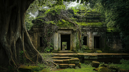 ancient temple ruins covered in lush greenery