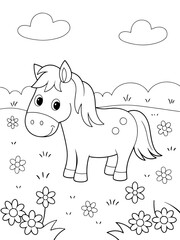 Cute pony standing in a meadow surrounded by flowers, with large eyes and a smile, mountains and clouds in the background, ideal for a fun and joyful coloring activity for kids.