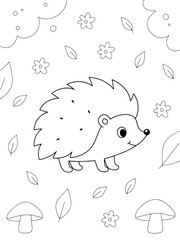 for a children's coloring page featuring a smiling hedgehog surrounded by nature elements like leaves, flowers, mushrooms, with clouds in the background, black-and-white design for coloring
