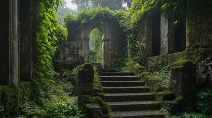 ancient temple ruins covered in lush greenery