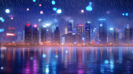 futuristic city skyline with neon lights, cyberpunk aesthetic, rain-soaked streets, atmospheric lighting