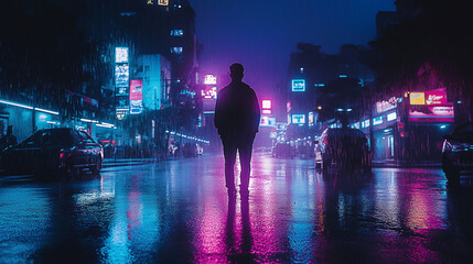 futuristic city skyline with neon lights, cyberpunk aesthetic, rain-soaked streets, atmospheric lighting