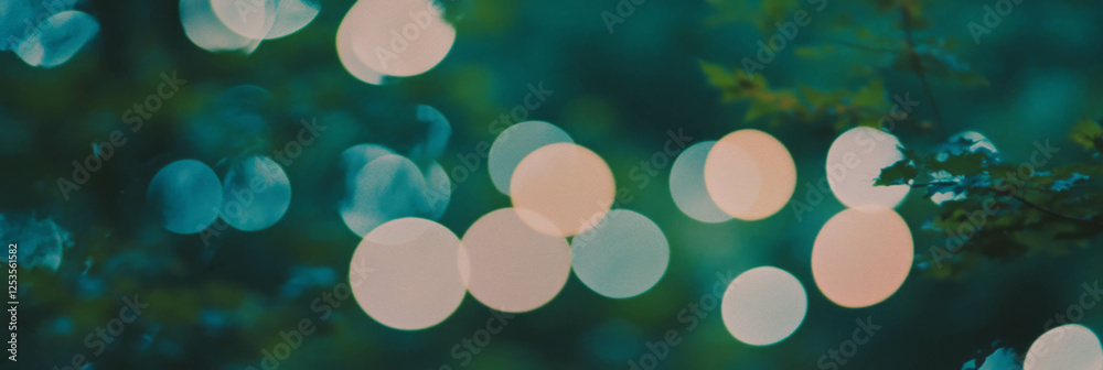 Poster soft bokeh circles create a dreamy atmosphere among blurred forest foliage in bright background