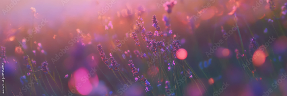 Poster Soft bokeh tones in a lavender field create a tranquil backdrop for relaxation and beauty