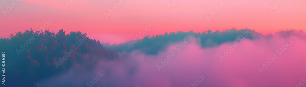 Poster blurred landscape with fog creating a soft, dreamy atmosphere at dawn