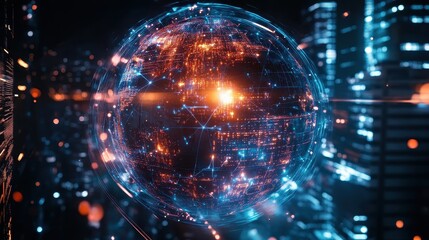 Fototapeta premium Close-up of a holographic globe with glowing network connections, representing worldwide internet access, global trade, and digital transformation, futuristic technology concept on cityscape backgroun