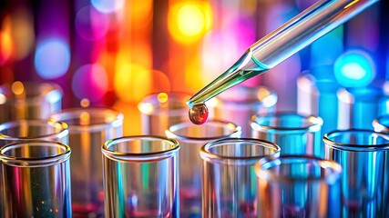 Close-up of a pipette releasing a droplet into transparent test tubes, creating a colorful scientific laboratory scene with a vibrant blurred background for research visuals.