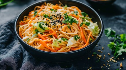 Delicious Noodle Bowl with Carrots Cabbage Parsley and Sesame Seeds