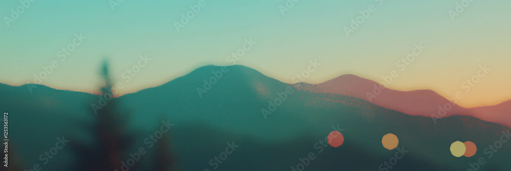Aufkleber Blurred mountain landscape at dusk with distant bokeh lights creating serene atmosphere