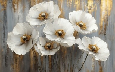 Beautiful white poppies with golden centers in a stunning floral painting with textured brushstrokes on a soft background, ideal for home interior decor