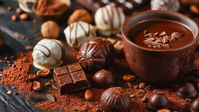 An assortment of different types of chocolate, including dark, milk, and white, beautifully arranged on a table to celebrate Chocolate Day.