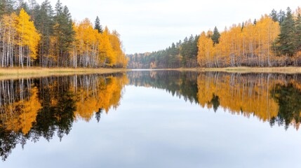 Obraz premium Autumn lake reflection, golden trees, calm water, misty sky, nature wallpaper