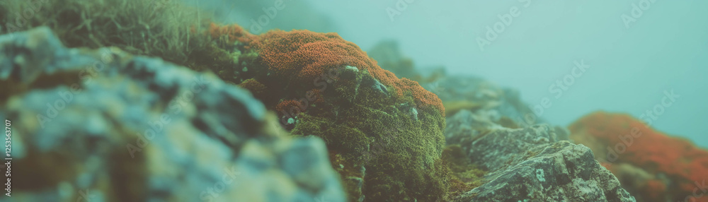 Aufkleber blurred green and gray moss texture on rocks creates a serene background effect