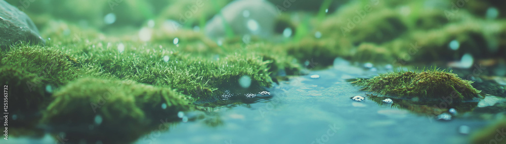 Poster Blurred texture of moss enriching rock surfaces with soft green and gray tones in bright backdrop