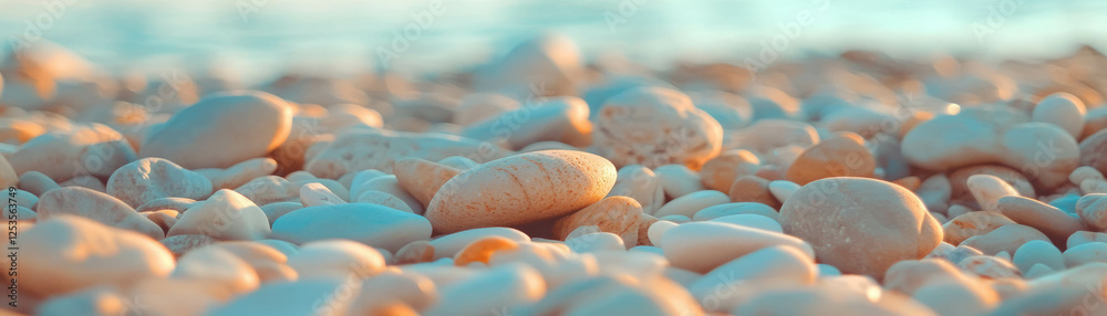 Poster blurred texture of pebbles on a beach with varying sizes and smooth tones as bright background