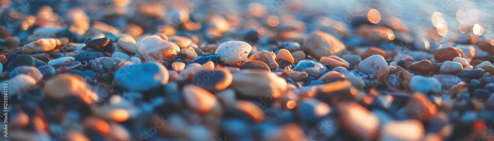 Poster blurred texture of colorful pebbles on a sunlit beach with soft tones and gentle hues