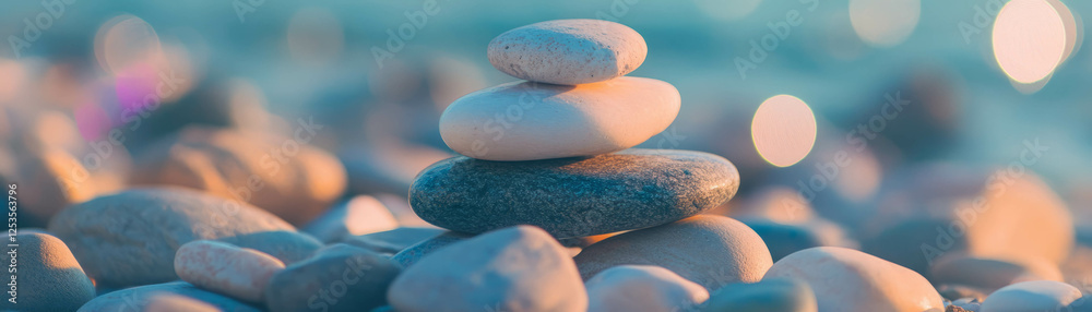 Poster Blurred texture of smooth pebbles on a beach creating a serene outdoor space