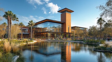 Obraz premium Modern building surrounded by greenery and water, designed for community engagement.