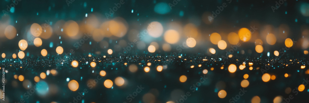Poster Blurred texture of rain falling with light streaks and bokeh highlights against a dark background