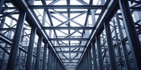 Intricate Framework of Steel Construction Showcased in Modern Architecture with Dramatic Lines and Symmetrical Patterns