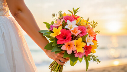 Joyful bride holding tropical bouquet at sunset, celebration essence