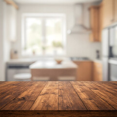 A blurry kitchen interior with a window and cabinets, contrasted with a clear rustic wooden tabletop in the foreground