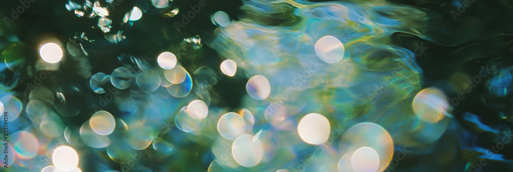 Poster blurred water surface reflecting trees with vibrant bokeh circles during daylight