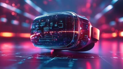 VR headset, futuristic design, neon lights, tech background, virtual reality