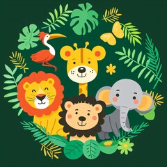 Naklejka premium Adorable African Safari Animals Illustration Lion Giraffe Elephant and Tropical Foliage