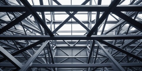 Fototapeta premium Intricate Steel Framework Underneath Modern Construction Roof Capturing Industrial Design and Architectural Detail in Urban Environment