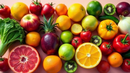 Vibrant assortment of fresh produce, including citrus fruits, tomatoes, and leafy greens, arranged on a pastel surface for a healthy and colorful display