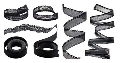 Various Types of Black Ribbons and Lace for Crafting and Decoration, isolated on transparent background