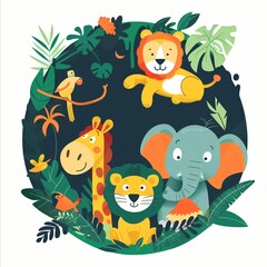 Naklejka premium Adorable Jungle Animals Illustration Lion Giraffe Elephant Parrot in Tropical Foliage
