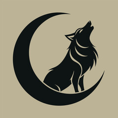Wolf and Moon Crest Vector Illustration – Elegant Howling Wolf with Crescent Moon

