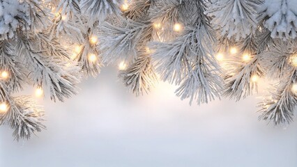 White Christmas background with spruce frosty brunches and Christmas lights. Shiny snowflake hanging on spruce brunch. winter christmas background