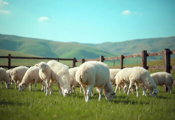Obraz premium Serene Flock Grazing on Lush Green Pasture