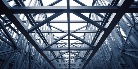 Structural Framework of Steel Construction, Vertical View of Metal Beams, Modern Industrial Architecture in Blue Tones