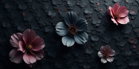 Dark moody floral arrangement with dusky pink and slate blue blossoms on textured background
