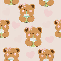  bear with  pink bow drinking bubble green milk tea seamless pattern , vector , illustration
