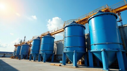 Industrial Complex Featuring a Row of Large Blue Storage Silos Under a Bright Sunny Sky