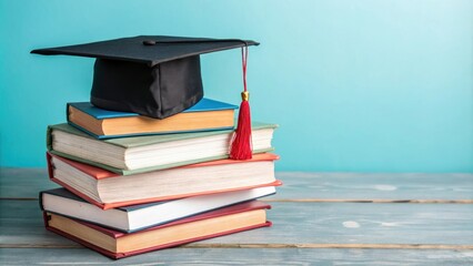 A vibrant stack of books is topped with a graduation cap on a solid background, education, graduation day, book collection, study aids, academic achievement