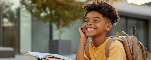 A Smiling Young Student Watching an Educational Video and Taking Notes Outdoors, embodying the Joy of Learning Explore visual storytelling showcasing a bright schoolboy engaged in dynamic online