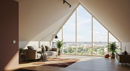 Fototapeta premium Architectural Elegance: Contemporary Apartment with Unique Angled Window and Wall Accents